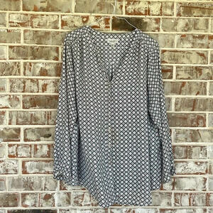 Dressbarn Pink Black Geometric Circles Button Front Roll Up Sleeves Blouse